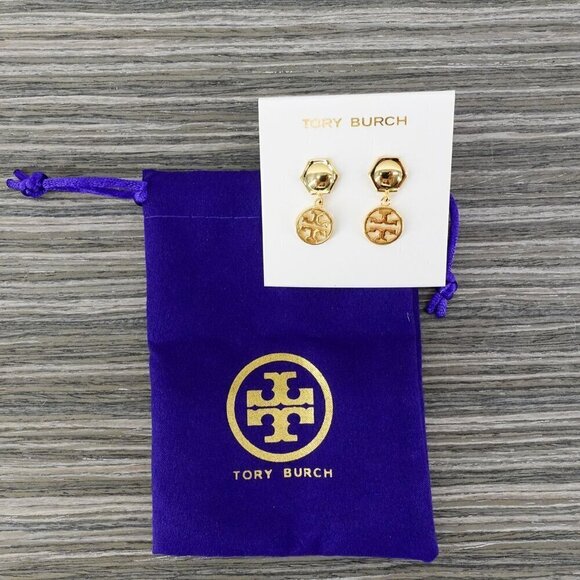 Tory Burch Hexagon Circle Logo Drop Earrings Gold OS - Picture 3 of 12